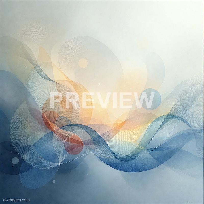 The image features an abstract composition with overlapping translucent circular and wave-like shapes in shades of blue, beige, and orange. The background transitions from a light, almost white hue at the top to darker blue tones at the bottom, creating a sense of depth and movement. The design appears to be digitally created, emphasizing fluidity and harmony through the use of soft, blended colors and geometric forms.